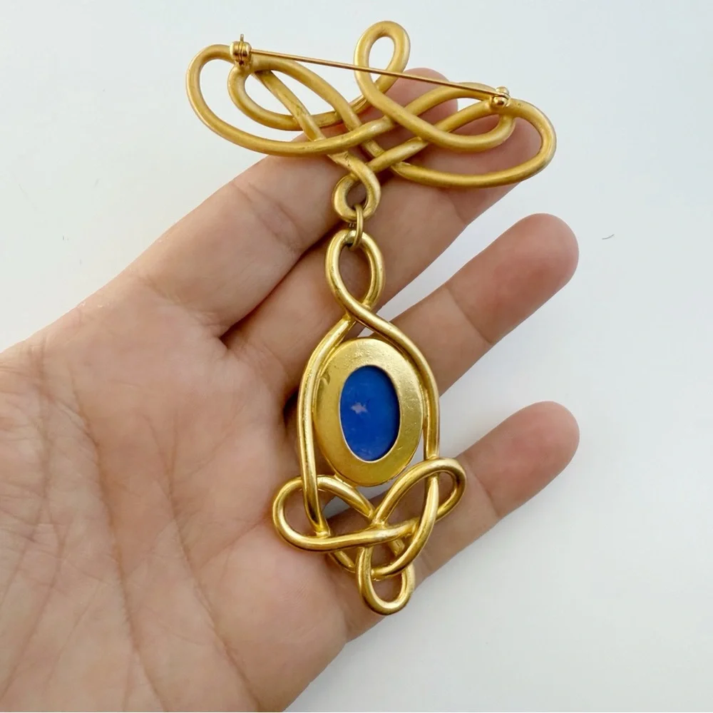 Vtg Large Matte Goldtone Art Nouveau Revival Scroll Blue Stone Dangle Brooch